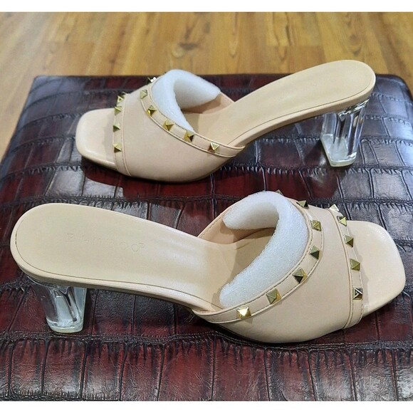 BAMBOO LUCENT-06 Nude Sparkle Chunky Clear Block Heel Slip On Mule Sandals Sz 8 - Picture 3 of 6